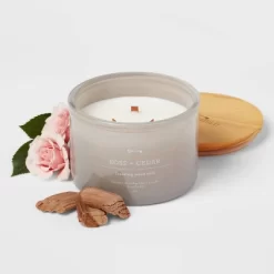 14oz Lidded Gray Glass Jar Crackling Wooden 3-Wick Candle With Clear Label Rose + Cedar - Threshold™ -Best Homewares Store GUEST 07a199cc 0b25 4478 8f4e 852aa47b216a