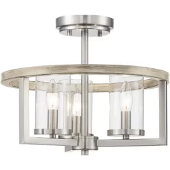 Possini Euro Design Senna Modern Industrial Ceiling Light Semi Flush Mount Fixture 15" Wide Brushed Nickel Gray Wood 3-Light Clear Glass For Bedroom -Best Homewares Store GUEST 08dd1794 0813 479b a383 aeb04b0df2ca