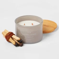 14oz Lidded Gray Glass Jar Crackling Wooden 3-Wick Candle With Clear Label Leather + Embers - Threshold™ -Best Homewares Store GUEST 248be3db aaa0 4efe acac f5ad95663c1b