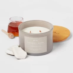 14oz Lidded Gray Glass Jar Crackling Wooden 3-Wick Candle With Paper Label Coconut And Honey  - Threshold™ -Best Homewares Store GUEST 49910140 50ed 4b49 9d77 e432059cd2cf