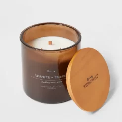 23oz XL 3-Wick Leather + Embers Wooden Amber Glass With Wood Lid And Stamped Logo Amber - Threshold™ -Best Homewares Store GUEST 4fbf95f2 2402 46bf 97f1 6933f738c12d