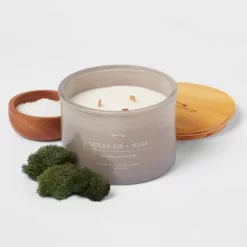 14oz Lidded Gray Glass Jar Crackling Wooden 3-Wick Candle With Clear Label Ocean Air + Moss - Threshold™ -Best Homewares Store GUEST 6168a2c1 645b 45ed 9cc6 880a352a2acf