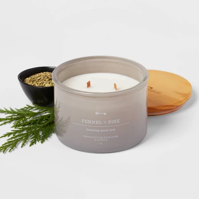 14oz Lidded Gray Glass Jar Crackling Wooden 3-Wick Candle With Clear Label Femmel + Pine - Threshold™ 4 14oz Lidded Gray Glass Jar Crackling Wooden 3-Wick Candle With Clear Label Femmel + Pine - Threshold™ - Image 2