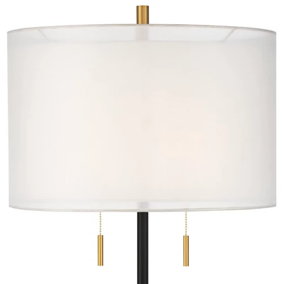 Possini Euro Design Roxie Modern Floor Lamp With Riser 65 1/2" Tall Brass Black Metal Sheer Linen Double Drum Shade For Living Room Bedroom Office 4 Possini Euro Design Roxie Modern Floor Lamp With Riser 65 1/2" Tall Brass Black Metal Sheer Linen Double Drum Shade For Living Room Bedroom Office - Image 2