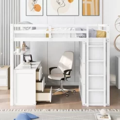 Full Size Loft Bed With Drawers, Desk And Wardrobe - ModernLuxe