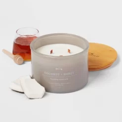 14oz Lidded Gray Glass Jar Crackling Wooden 3-Wick Candle With Clear Label Coconut And Honey - Threshold™ -Best Homewares Store GUEST c1ddd42b 8509 4dea 8bc4 2926df3a61b7