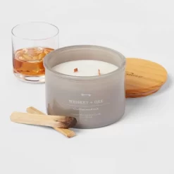 14oz Lidded Gray Glass Jar Crackling Wooden 3-Wick Candle With Clear Label Whiskey + Oak - Threshold™ 5 14oz Lidded Gray Glass Jar Crackling Wooden 3-Wick Candle With Clear Label Whiskey + Oak - Threshold™ -Best Homewares Store GUEST c994828f 4a70 488b 9bf2 14e864c98567