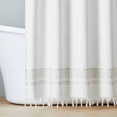 Embroidered Border Stripe Woven Shower Curtain Taupe - Hearth & Hand™ With Magnolia 3 Embroidered Border Stripe Woven Shower Curtain Taupe - Hearth & Hand™ With Magnolia
